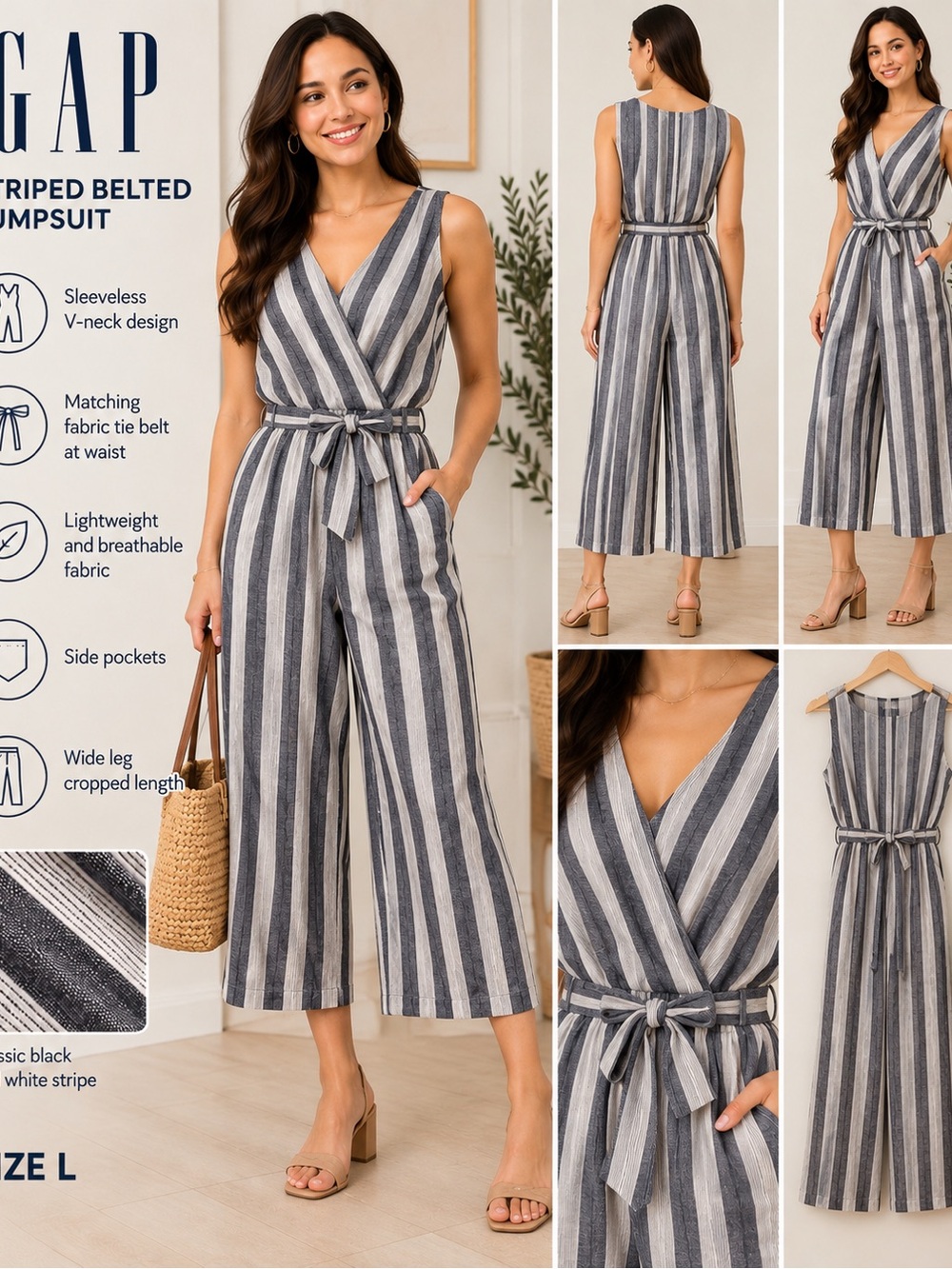 GAP Striped Sleeveless V-Neck Belted Jumpsuit — Black & White